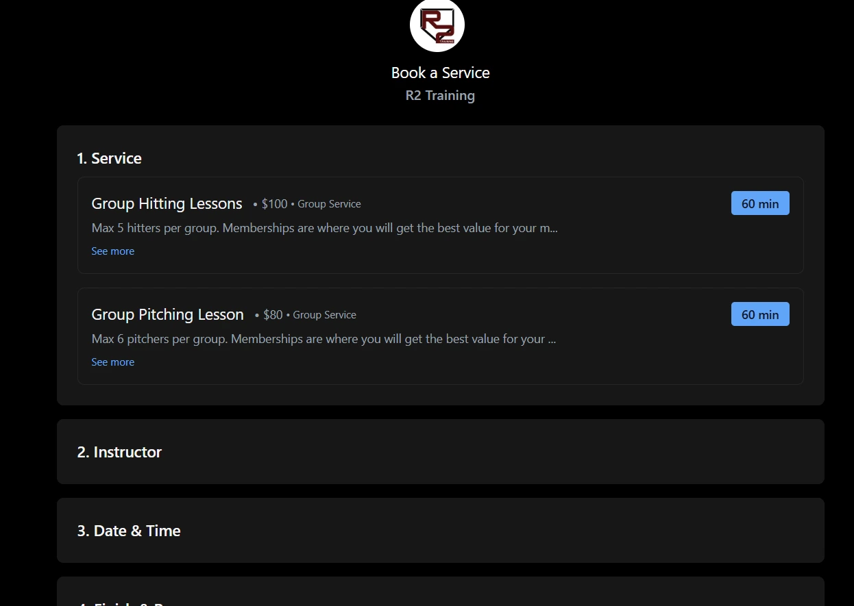Step 1 scheduling baseball training on The Futures App at R2 Training