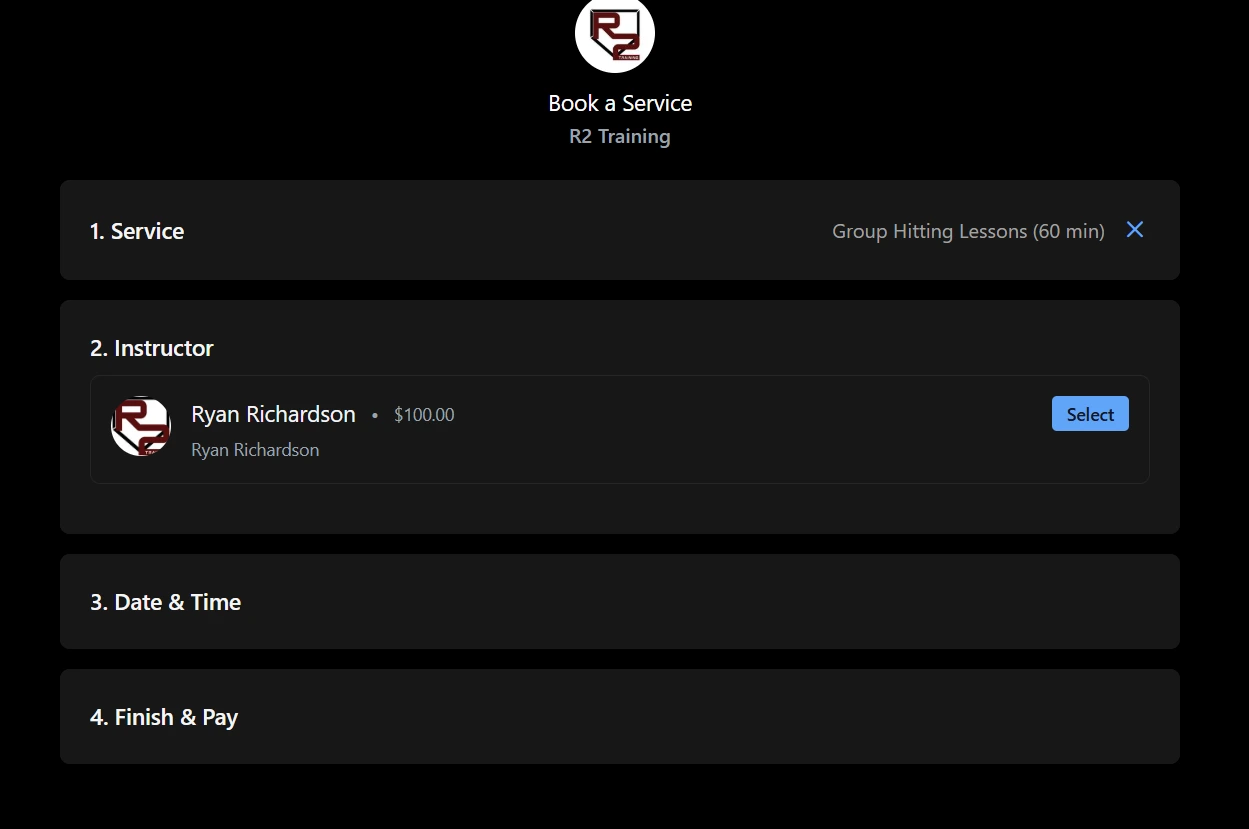Step 2 scheduling baseball training on The Futures App at R2 Training